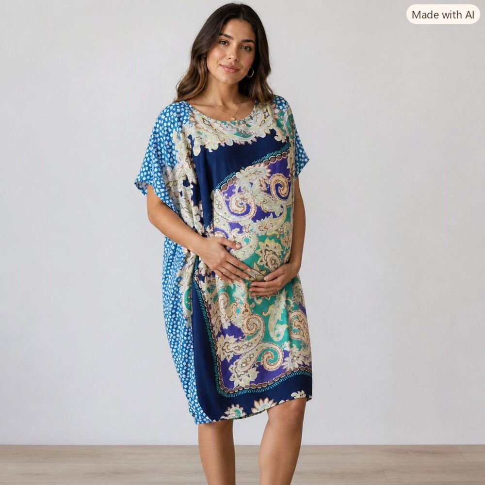 A Pea in the Pod Boho Paisley Maternity Caftan Dress – Turquoise & Navy – Size M